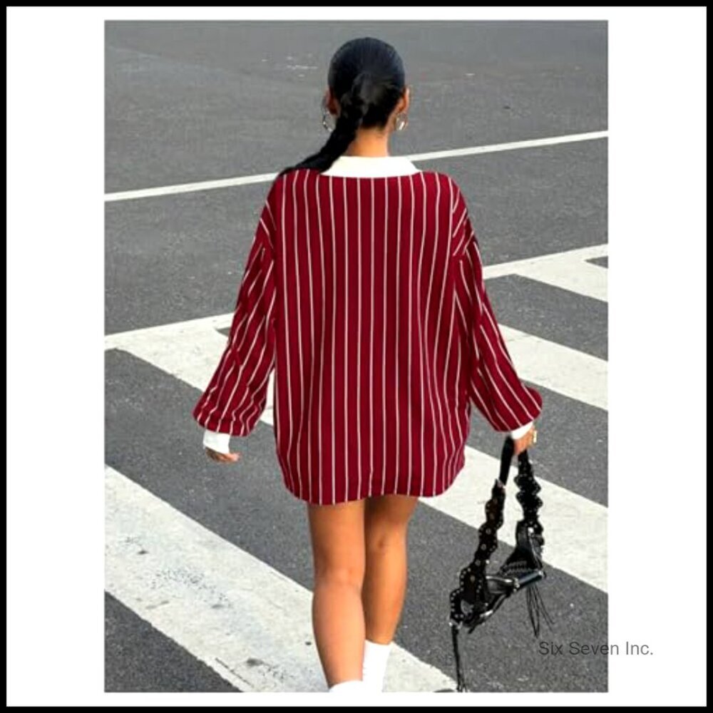 Oversized Striped Letter Print V-Neck Long Sleeve Jersey Tee Y2K Loose Fit - Picture 2 of 7